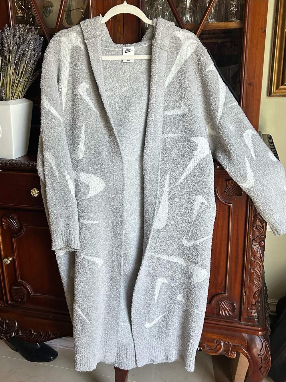 Nike Phoenix Cozy Boucle Long Knit Cardigan With Hoodie Light Gray/White